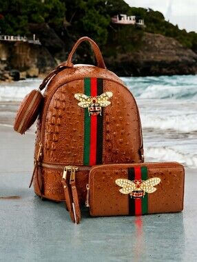 Brown Faux-Ostrich Backpack & Wallet Set with Green-Red Stripe and Bee Accent
